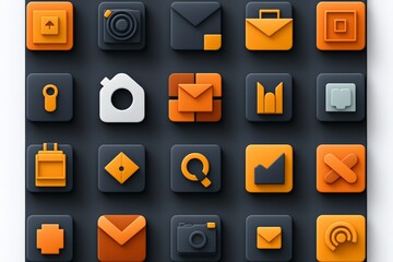 Vibrant 3D Rendered Icon Grid on Dark Background - Modern App Interface Symbols Collection in Orange and Black for Web Design and Marketing