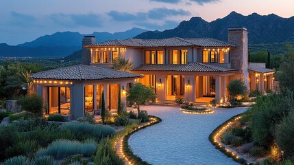 Wall Mural - Upscale Arizona home at dusk, LED lights illuminate the driveway.