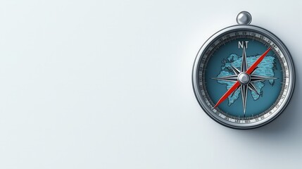 Detailed Closeup of Silver Blue World Map Compass on White Background - Navigation and Travels Concept