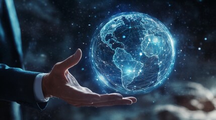 Aufkleber - A visionary businessman extends his hand to a holographic globe, symbolizing cutting-edge global connectivity and the future of globalization. The holographic globe with digital data streams