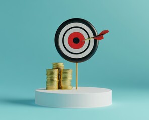 A 3d icon representing a money target for a finance goal. Success cash investment banking wealth currency financial profit economy dollar strategy growth saving budget value achievement.