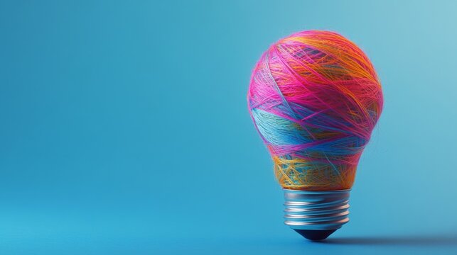 An abstract light bulb made of colorful threads, symbolizing creativity and the birth of new ideas, set against a minimalist background.