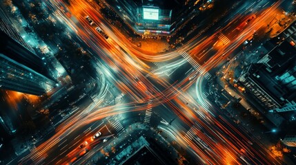 Canvas Print - An aerial shot of a busy urban intersection at night, with streaks of light from passing cars and vibrant city lights reflecting on wet pavement.