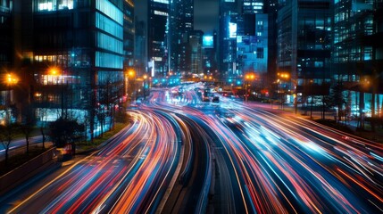 Aufkleber - An artistic shot of light trails from cars on a busy city street at night, capturing the motion and vibrancy of urban life after dark.