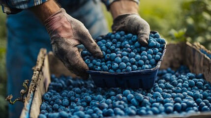 Wall Mural - Farmers Harvesting Fresh Organic Blueberries from Field during Autumn Harvest Season