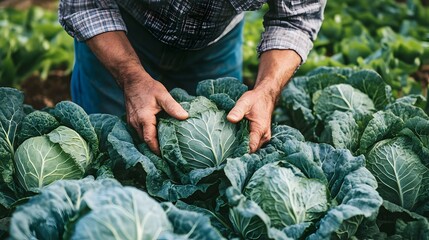 Wall Mural - Farmer Tending to Flourishing Organic Vegetable Plantation in Lush Green Field