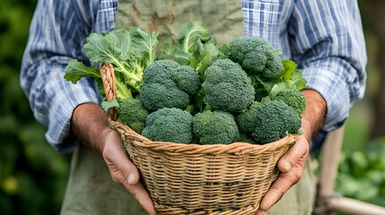 Wall Mural - Freshly Harvested Broccoli Florets in Wicker Basket Held by Farmer in Garden