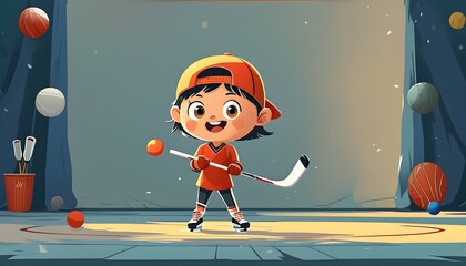 Playful cartoon character engaged in hockey, vibrant banner background with ample copy space for creative messaging