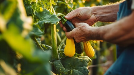 Wall Mural - Farmer Harvesting Fresh Zucchini Squash from Vegetable Garden in Organic Farming Field