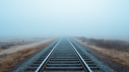 Poster - An empty stretch of railroad tracks leading into a foggy landscape, creating a sense of mystery and adventure in the journey ahead.