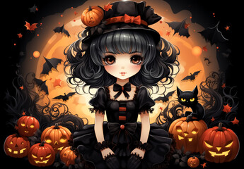 Wall Mural - Halloween time with a cute cartoon gothic witch