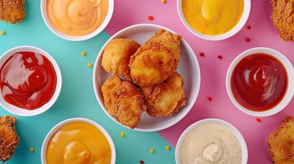 Wall Mural - Fried chicken nuggets variety of dipping sauces