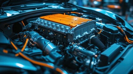 Close-up of a car engine with a blue and orange color scheme.