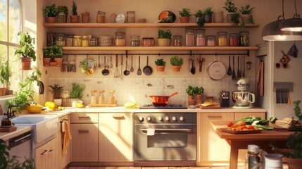 Wall Mural - Bright kitchen with wood cabinets, open shelves, and plants.