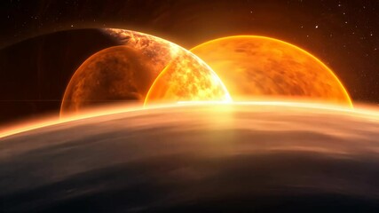 Wall Mural - earth planet spinning stunning outer space sunrise with fiery sunlight over alien planet horizon in 