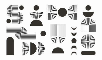 Wall Mural - set of dark blue line boho geometric shape set. abstract pattern, design line art, trendy bohemian s