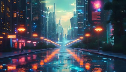 A futuristic city tour with bioluminescent urban landscapes and holographic historical sites promoting urban exploration