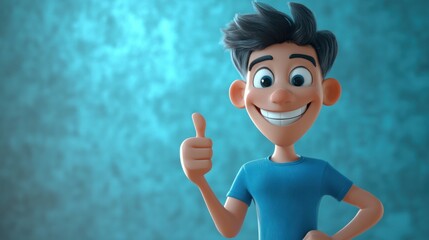 A cartoon boy gives a thumbs up, smiling cheerfully against a turquoise background.