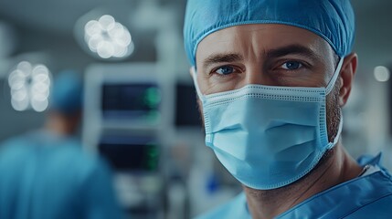 American doctor in surgical mask and blue scrubs, captured in a close-up portrait with focused gaze in a hospital operating room, reflecting confidence and professionalism.