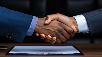 The Deal is Sealed: Two businessmen shake hands over a signed contract, symbolizing a successful negotiation and the start of a mutually beneficial partnership.