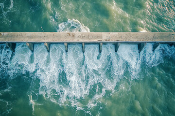 Drone view of storm surge barrier, bridge and water barrier.