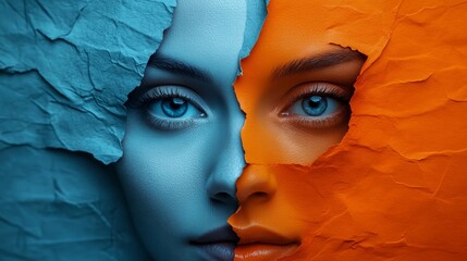 Canvas Print - A woman's face is split in half, with one half blue and the other half orange