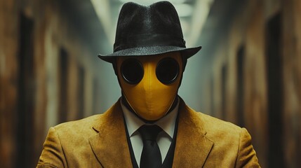 Poster - A man in a yellow suit and hat with yellow eyes and a yellow mask