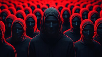 Poster - A group of people wearing hoods and masks are standing in a red background