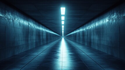 Wall Mural - A long tunnel with a blue light shining down on it