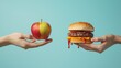 © BaiBoon - Two hands holding an apple and a burger, against a blue background. Red juice is dripping from the cheese on the hamburger, in a photorealistic style.