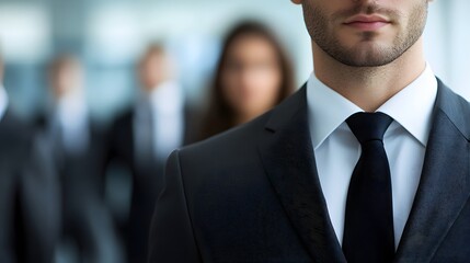 Wall Mural - Businessman in tailored suit with black tie and white shirt, set in a corporate environment with blurred colleagues, emphasizing professional attire and sharp detail focus.