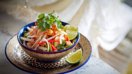 A colorful and appetizing salad with fresh vegetables, nuts, and herbs in a blue and gold patterned bowl.