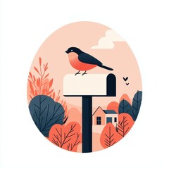 A mailbox with a bird perched on top, peaceful suburban scene, vector illustration, soft tones, isolated on white background