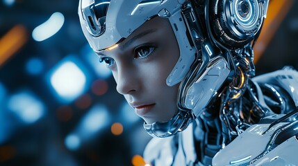 Futuristic Robot with AI Technology and Digital Overlays for Automated Software - 3D Illustration