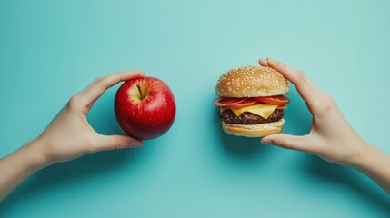 Two hands reaching for an apple and a hamburger, against a blue background, representing the concept of health versus fast food. The close-up image shows a hand holding either a piece of fruit