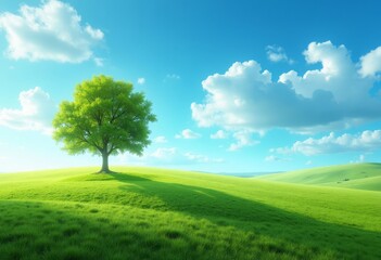 Lone Tree on Green Hill, Blue Sky