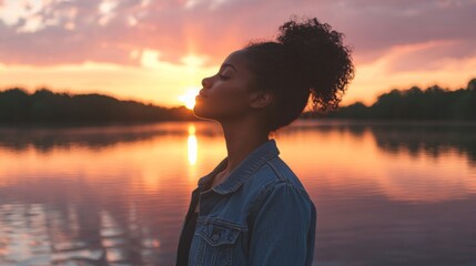 Poster - A young black woman stands by a tranquil lake, silhouetted against the vibrant hues of a sunset. The colorful sky reflects on the water's surface, creating a serene atmosphere as she contemplates.