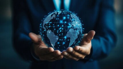 Poster - CRM. Customer network relationship management concept, Businessman hold of global structure customer network technology, Data exchanges development. customer service, Banking, Business strategy.