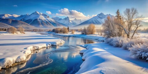 Wall Mural - Frozen river cutting through snow-covered landscape with trees and mountains in the background, panorama, frozen, river, winter