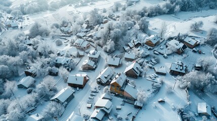 Wall Mural - Snowy Village Aerial View