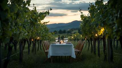 Romantic dinner for two in a vineyard, with a table set among the grapevines and soft evening light