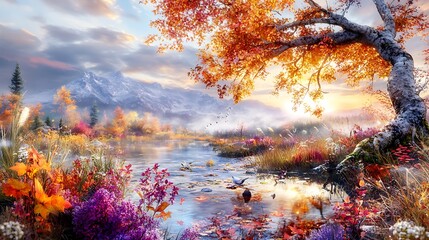 Sticker - A serene autumnal landscape with a mountain range in the background, a river, trees with vibrant foliage, and a flock of birds flying overhead.