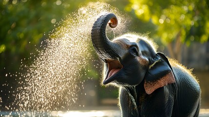 Wall Mural - Elephant Spraying Water to Cool Off in Hot Jungle Environment