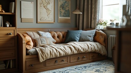 Wall Mural - A miniature, upholstered daybed with built-in storage, in a cozy child's bedroom.