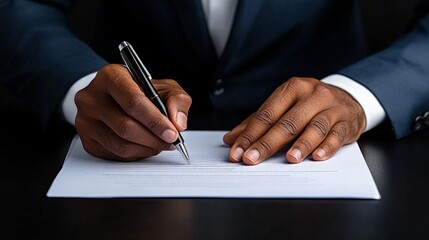 The Power of Signature: A close-up image of a black man's hands signing a document, the elegant pen and crisp paper highlighting the significance of the moment.