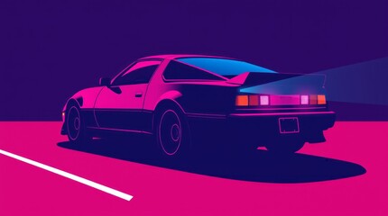 80s synthwave style sports car in magenta with bright parking lights illuminated sports Illustration