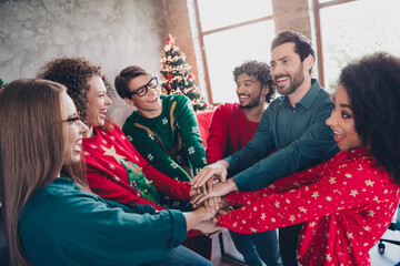 Sticker - Photo of cheerful young people colleagues hold hands support team cozy christmas party decor spacious office indoors