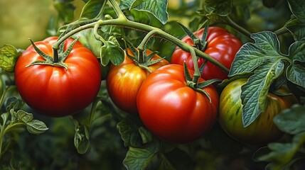 Wall Mural - Ripe red tomatoes hanging on a vine, surrounded by green leaves.