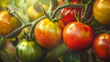 Close-up of red, green, and yellow tomatoes on the vine in a garden.