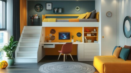 Wall Mural - A space-saving kids' loft bed with a built-in desk and shelves underneath, set in a modern children's bedroom with colorful decor.